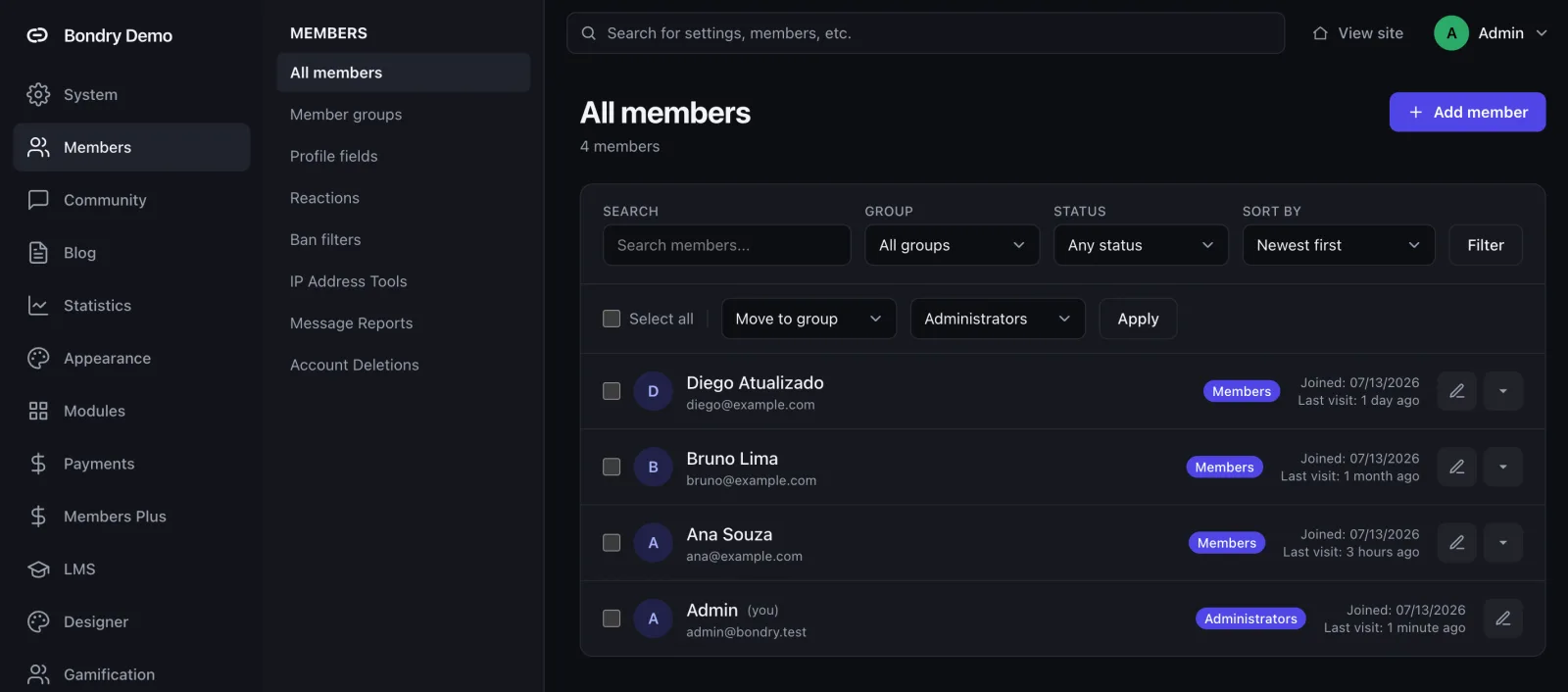 The Bondry admin panel listing all members with filters, groups and bulk actions.