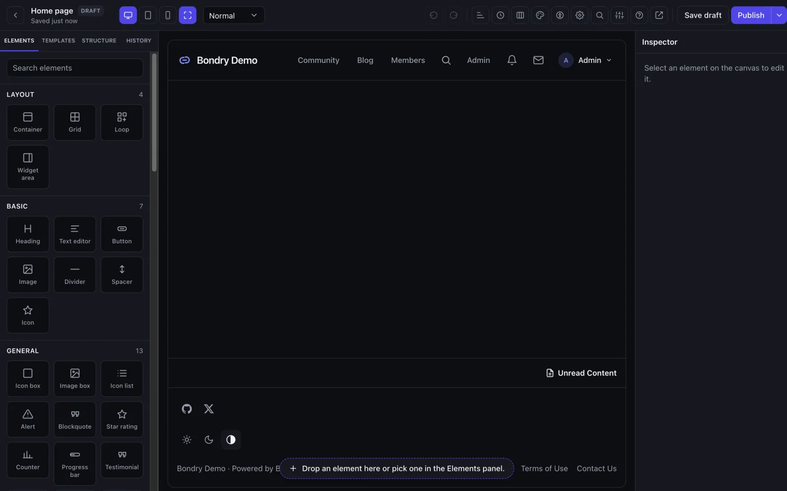 The Bondry Designer editor: elements panel on the left, page canvas in the middle, inspector on the right.