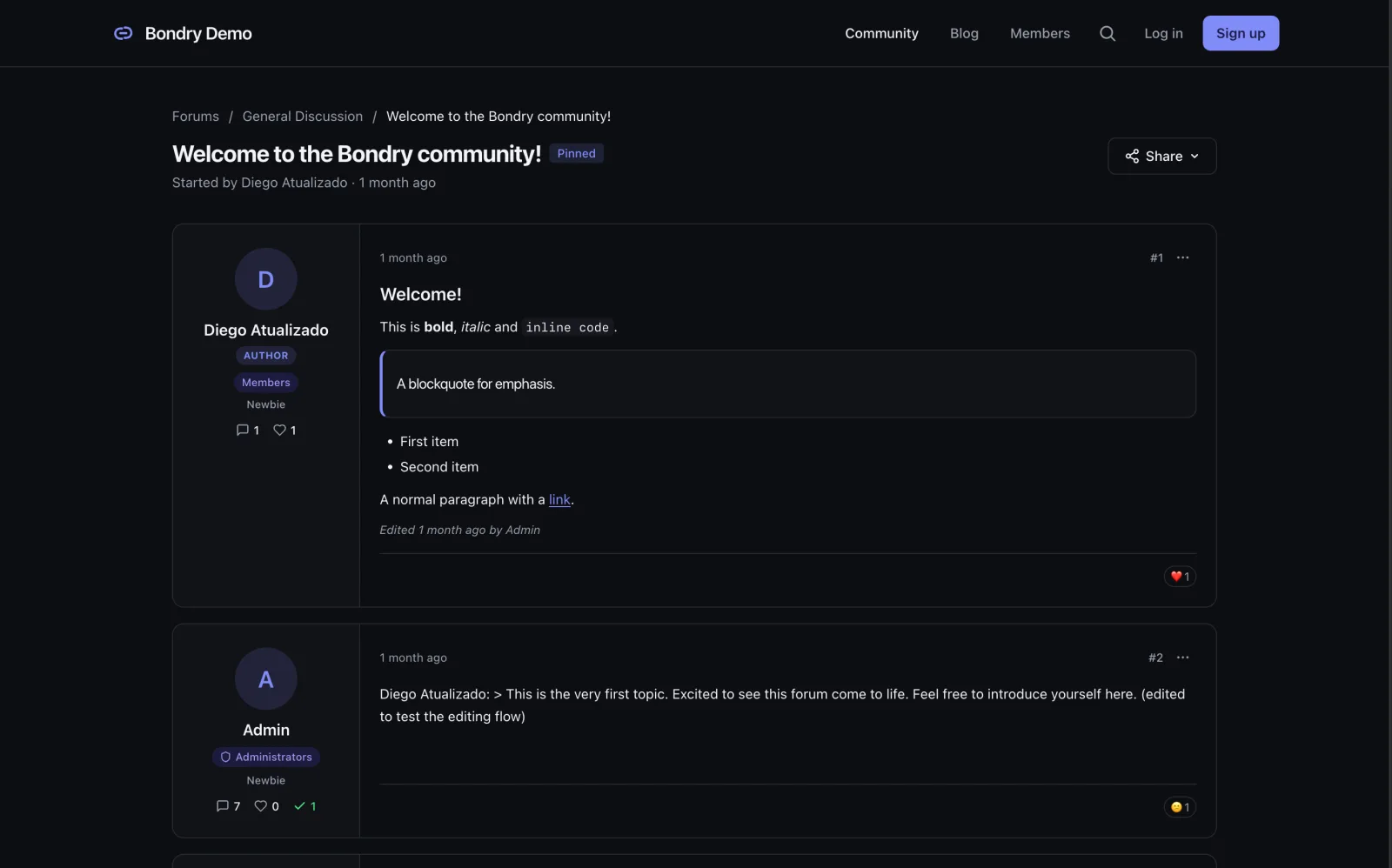 A Bondry forum thread with the author card, formatted post content and reactions.