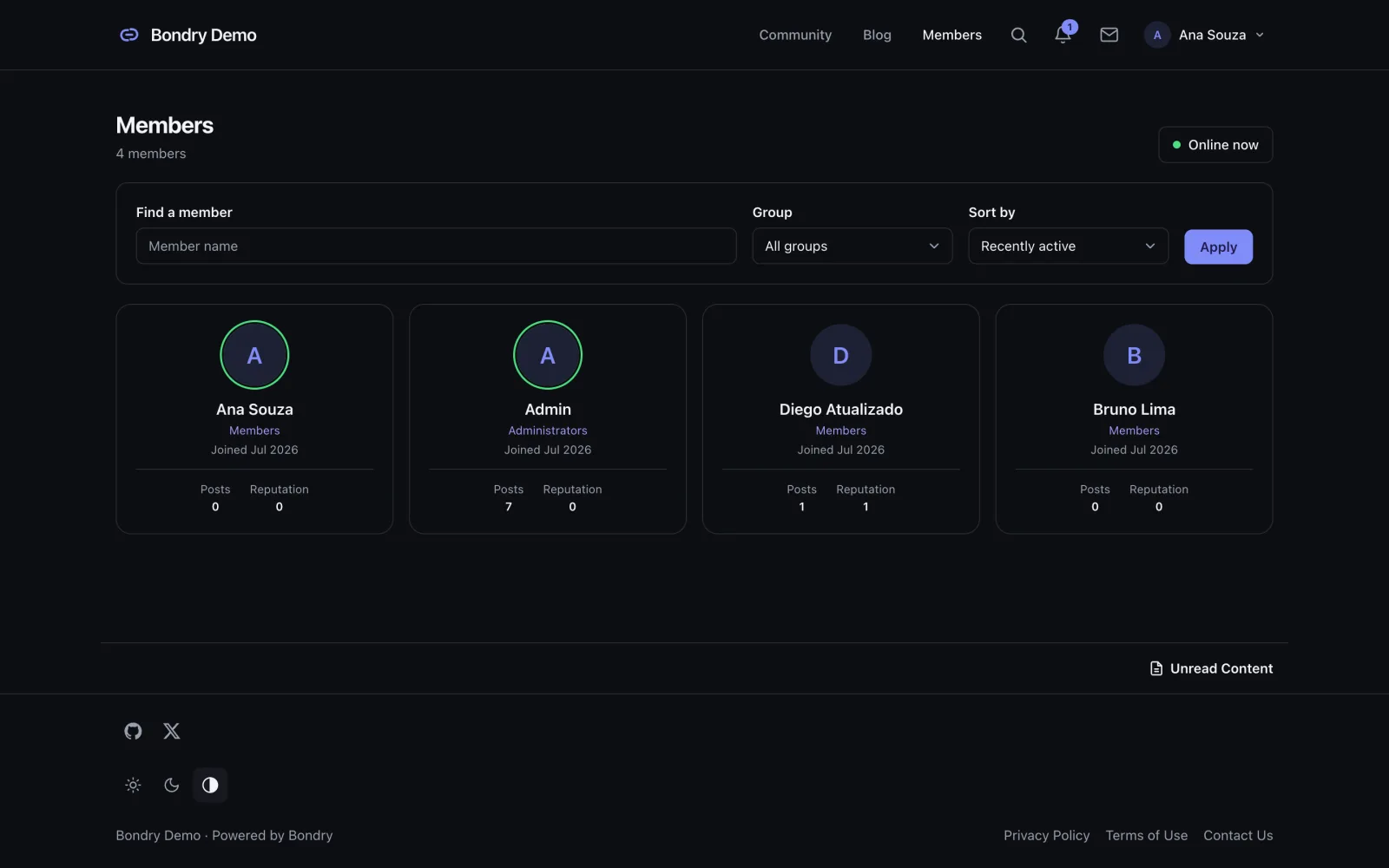 The Bondry member directory, with the group filter and the group of each member.