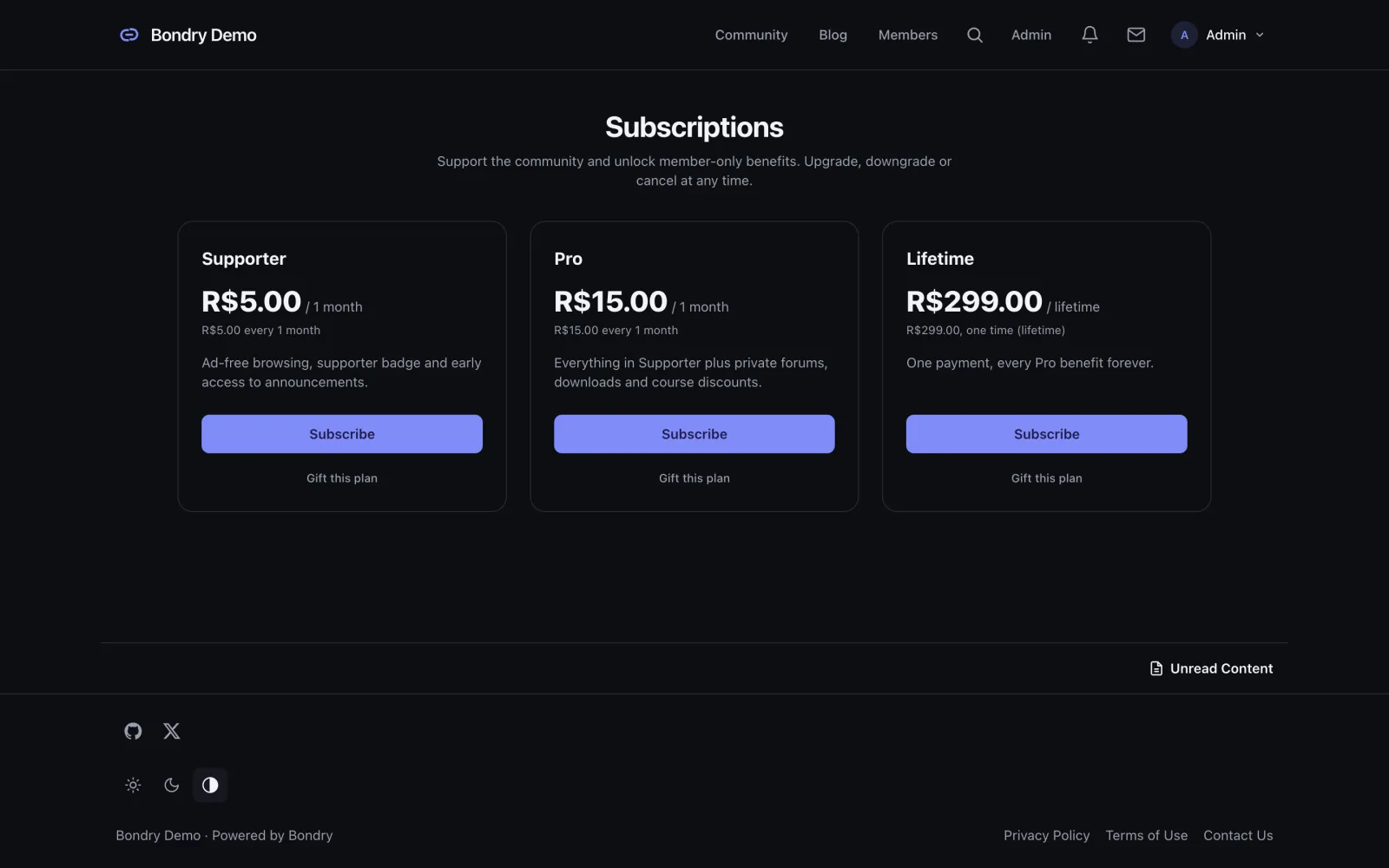 The Bondry membership page with three plans side by side and their prices.